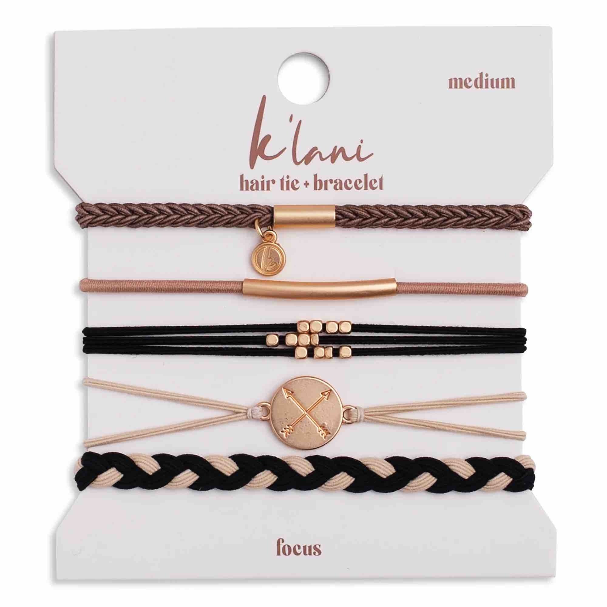 <p>FOCUS on your goals. Then work to make them happen.</p><p>K'lani hair tie bracelets can be used as a bracelet or hair band. </p><p> </p><p><strong>Medium</strong> is the size of a normal hair tie band. It fits wrists between 5-6.4" around. </p>