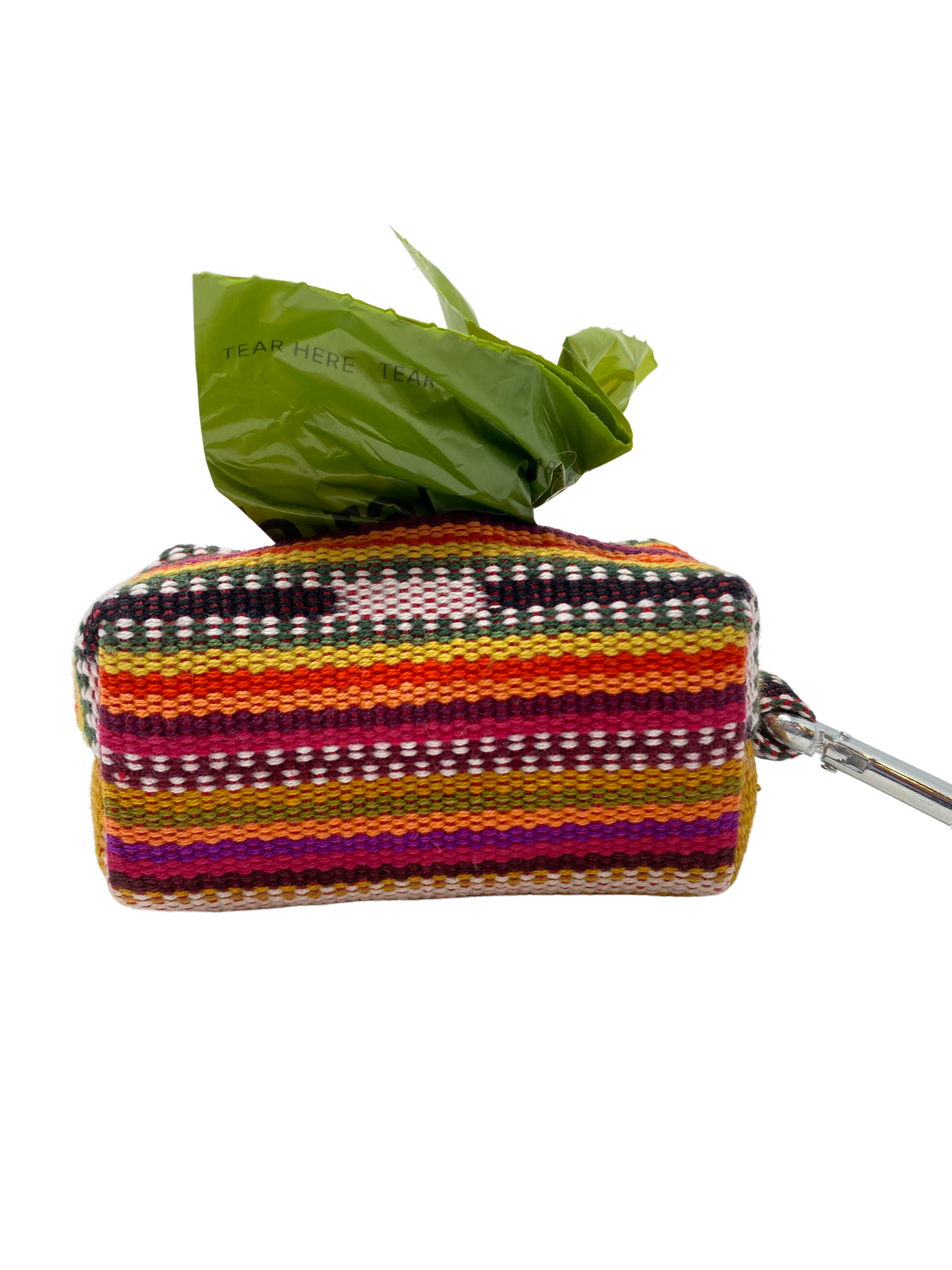 Brilliantly rich stripes cover this fabric of rusty straw, pinks, and greens. Not unlike your favorite straw summer hat. Machine Washable Poop Bag Holder.
Add a little “pop” to your poop bag dispenser! Conveniently designed to fit a standard roll of dog