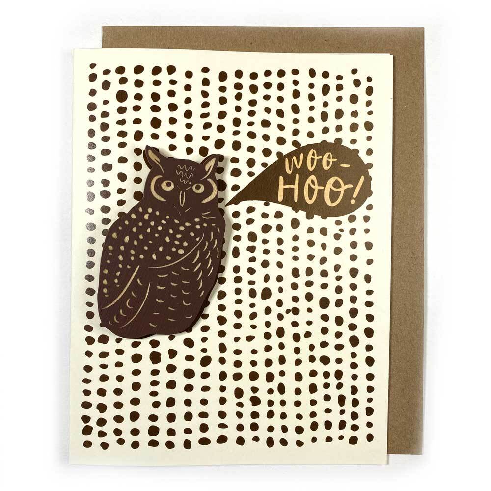 A perfect graduation card, the owl symbolizes wisdom, and the woo hoo symbolizes partying. Throw in a fat check for the trifecta of celebration.
Removable magnet attached to the front of a digitally printed A2 greeting card.
Packaged in a cellophane slee