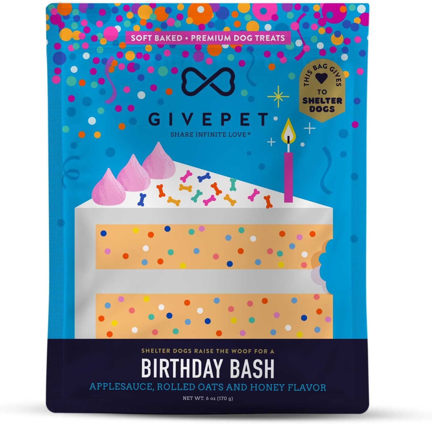 6oz bag of birthday-themed soft baked treats. Made with nutrient-rich whole foods and superfoods. These soft-baked treats are the perfect birthday gift for your dog! Applesauce, rolled oats and honey flavor!
