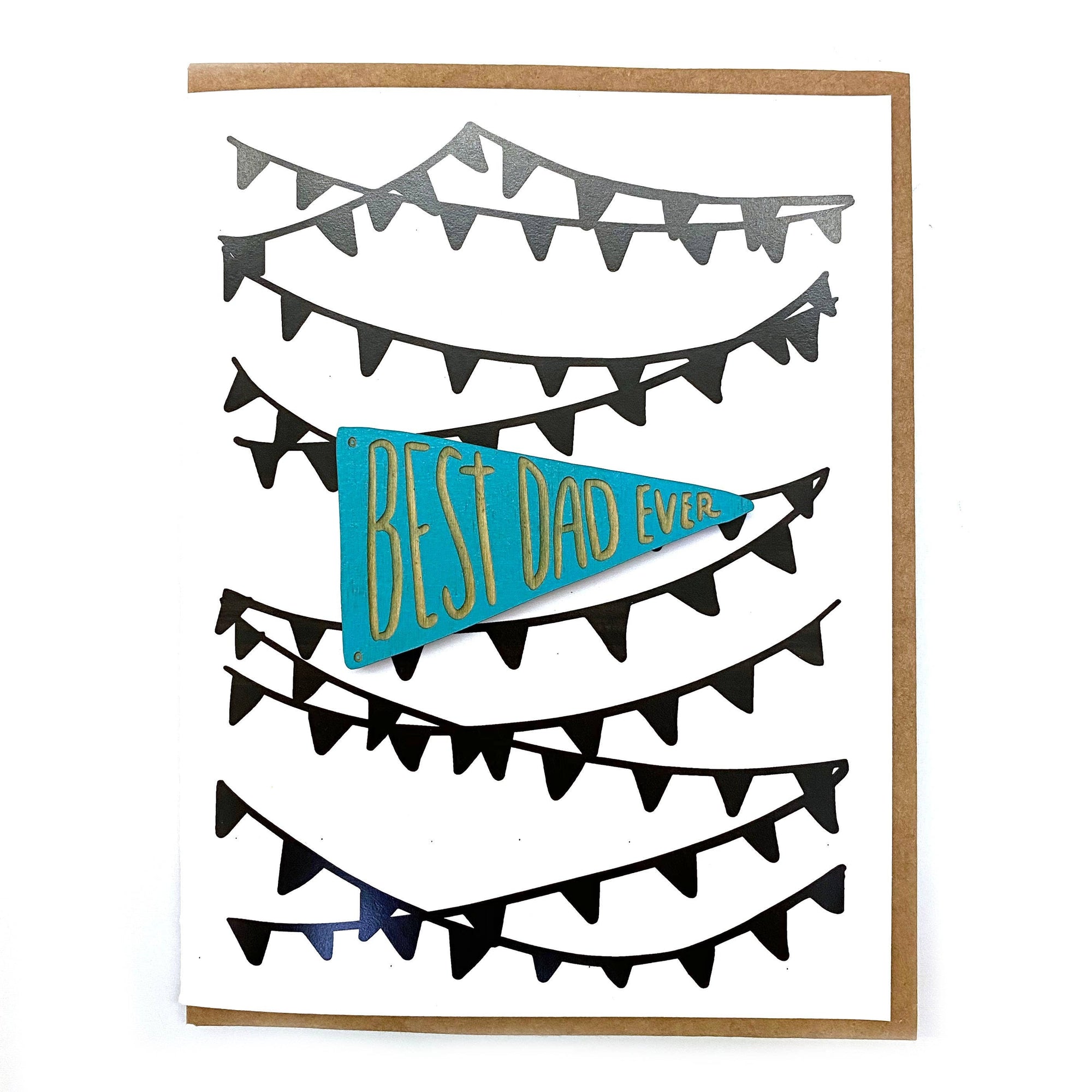 Best Dad Ever! Removable laser-engraved magnet attached to the front of an A2 greeting card.
Packaged in a cellophane sleeve with a kraft envelope.
Magnet is hand painted (turquoise) 1/8" baltic birch plywood.
Super strong rare earth magnet.
Blank ins