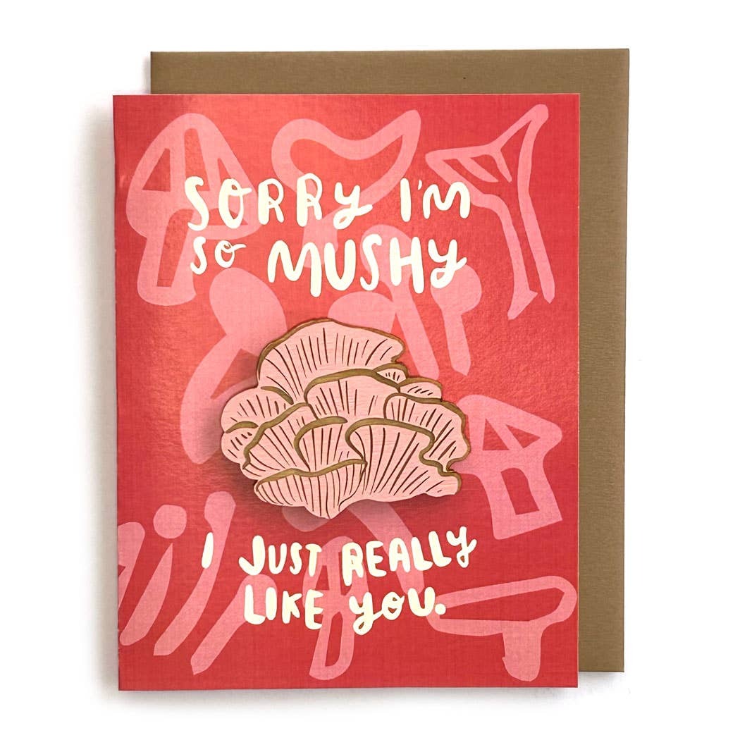 It's a card that's also a gift! A handmade mushroom magnet (Pleurotus djamor) is affixed to the front of this greeting card, for when you're feeling extra mushy.
• Removable hand-painted, laser-engraved magnet attached to the front of an A2 greeting card