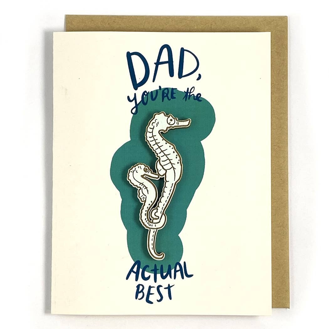 Seahorses are nature's best dads, but your dad is the actual best.
Packaged in a cellophane sleeve with a kraft envelope.
Magnet is hand painted 1/8" baltic birch plywood.
Super strong rare earth magnet.
Blank inside.
