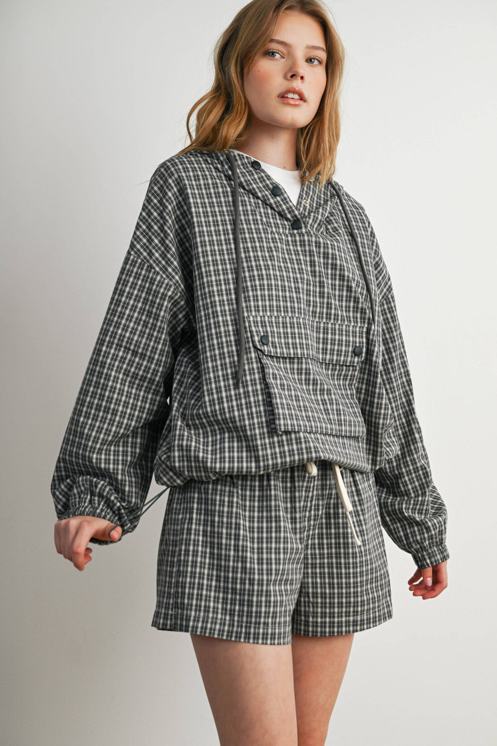 BUTTERMELON- Check Hooded Anorak Top