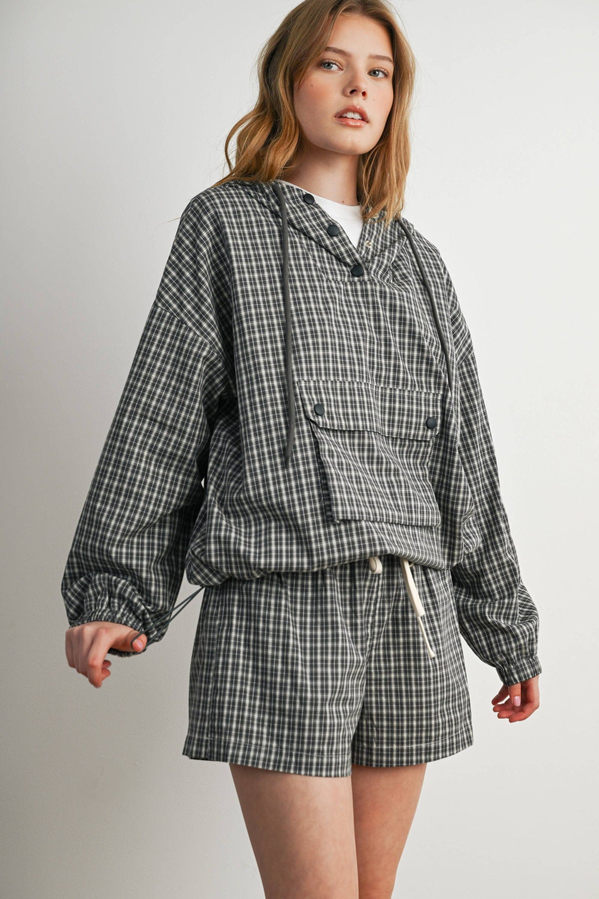 BUTTERMELON- Check Hooded Anorak Top