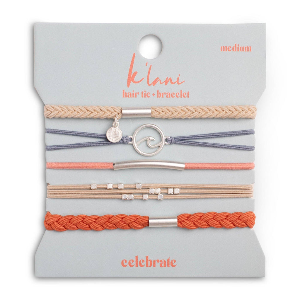 K'lani- "Celebrate" Blues and Corals With Silver Wave Charm Hair Tie Bracelets