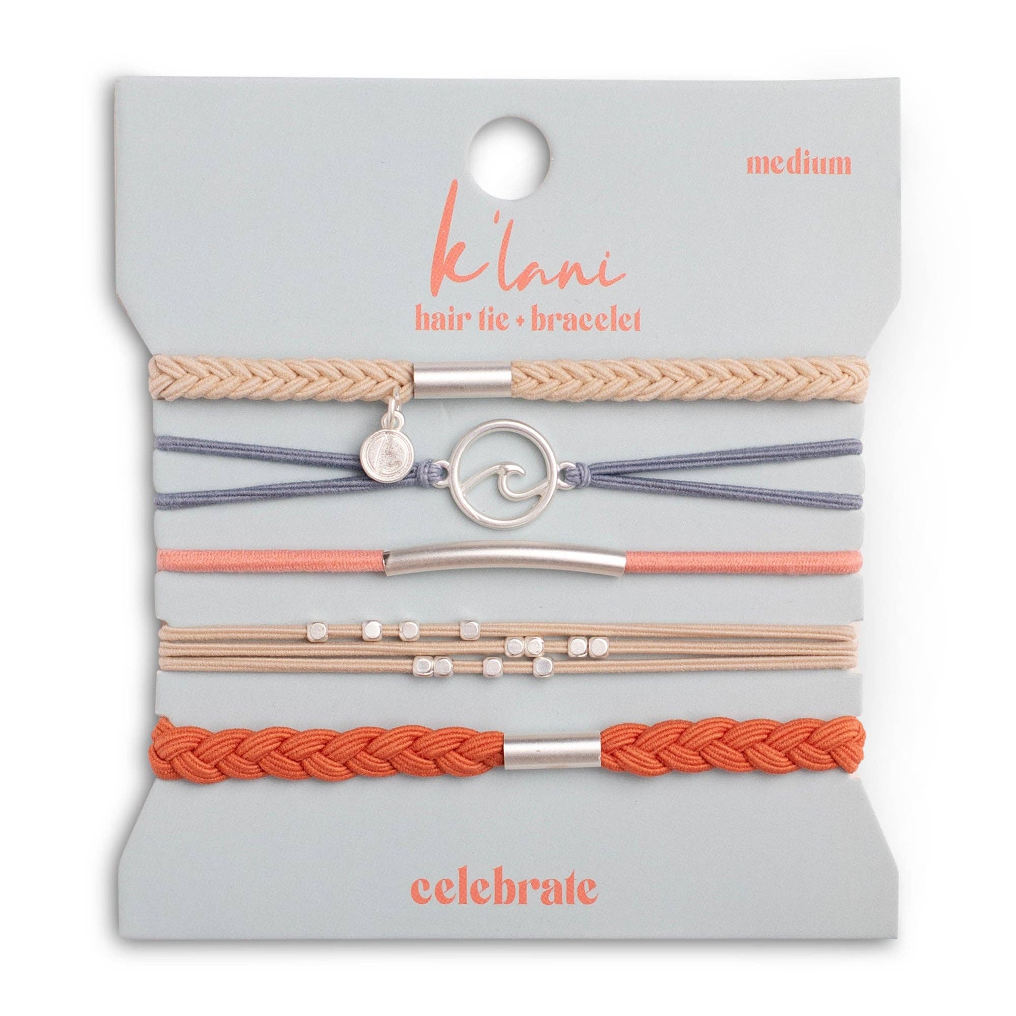 K'lani- "Celebrate" Blues and Corals With Silver Wave Charm Hair Tie Bracelets