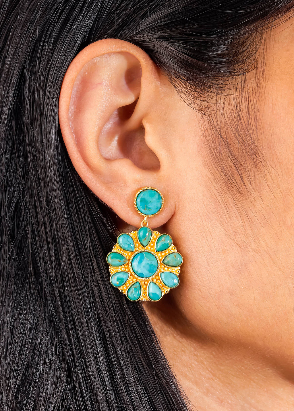 Tiramisu- Gold Plated Flower-Inspired Mohave Turquoise Cluster Earring