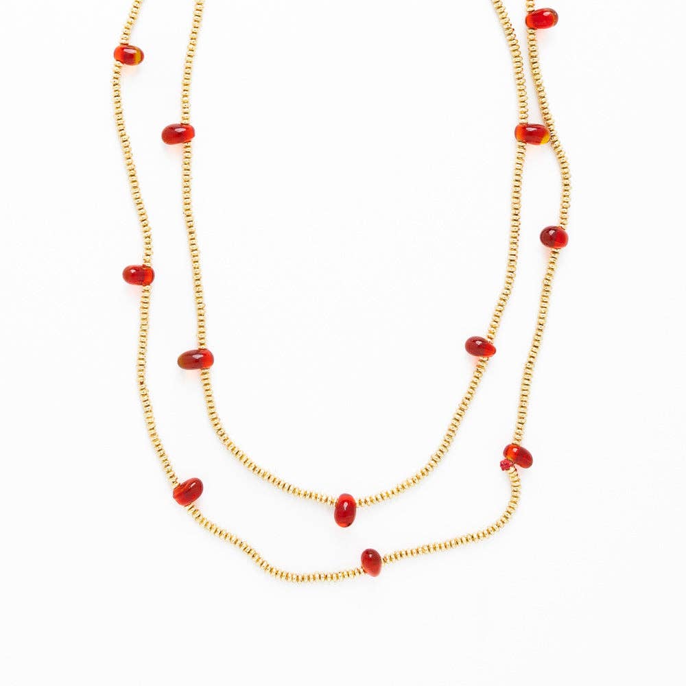 INK + ALLOY- Portia Brass Necklace With Glass Beads Red