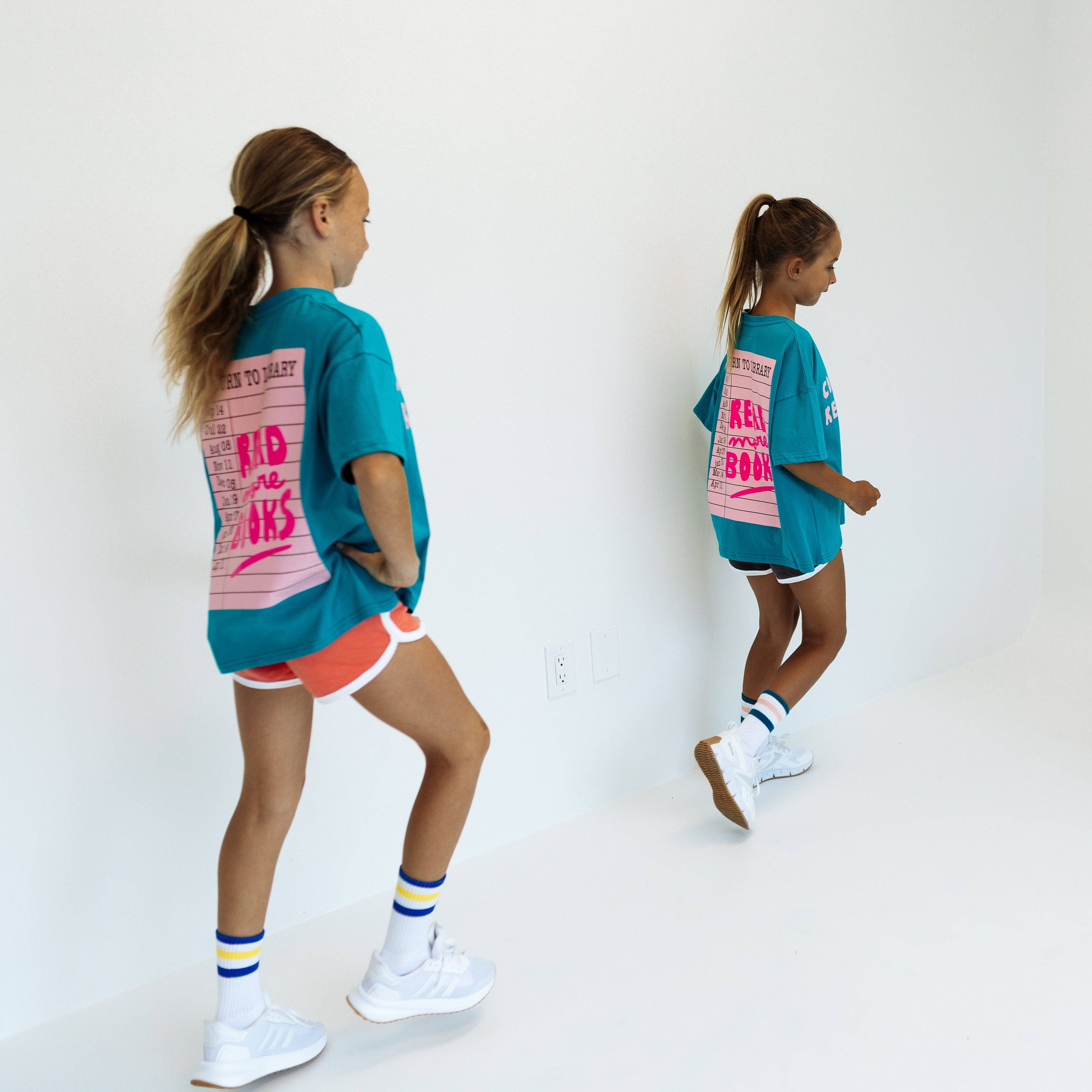 Minimalist Folk Co.- Cool Kids Read Books | TEAL + PINK| OVERSIZED KIDS TEE