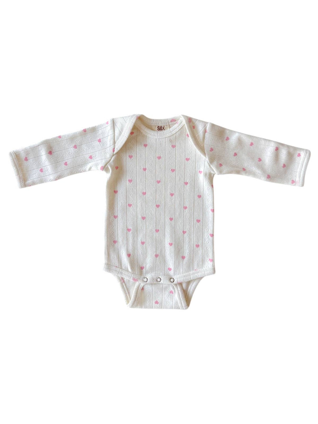 SIIX Collection- White with Pink Heart / Organic Pointelle Long Sleeve Bodysuit