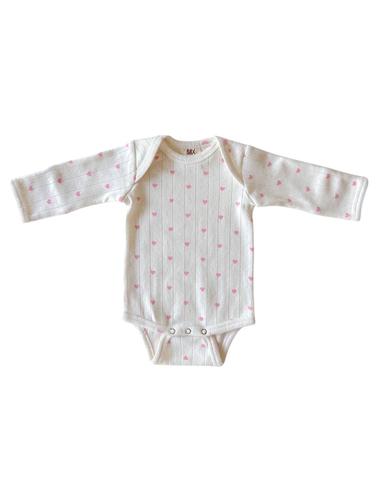 SIIX Collection- White with Pink Heart / Organic Pointelle Long Sleeve Bodysuit
