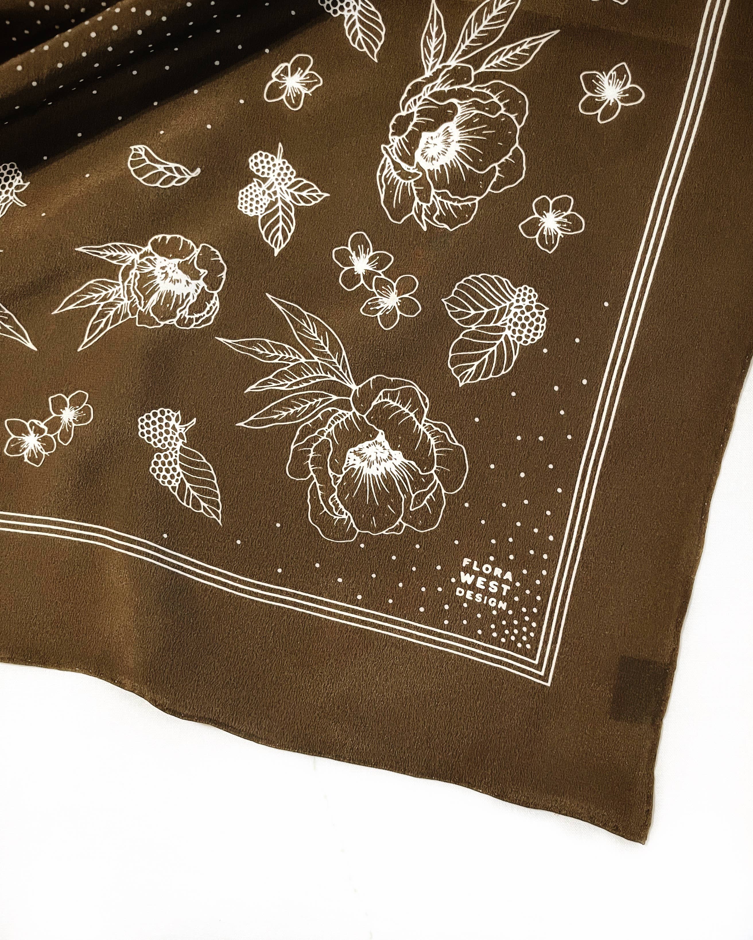 Flora West Design- 100% Silk Bandana Scarf - Classic Deep Olive Floral Western