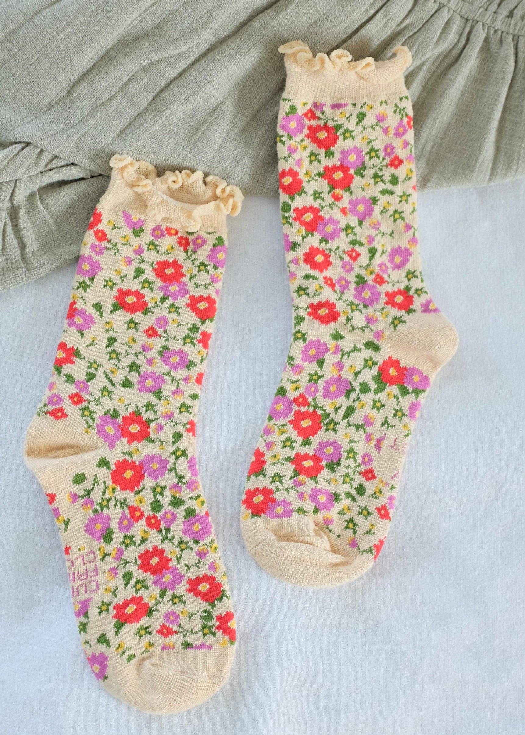 First Summer- Floral Print Ruffle Crew Socks