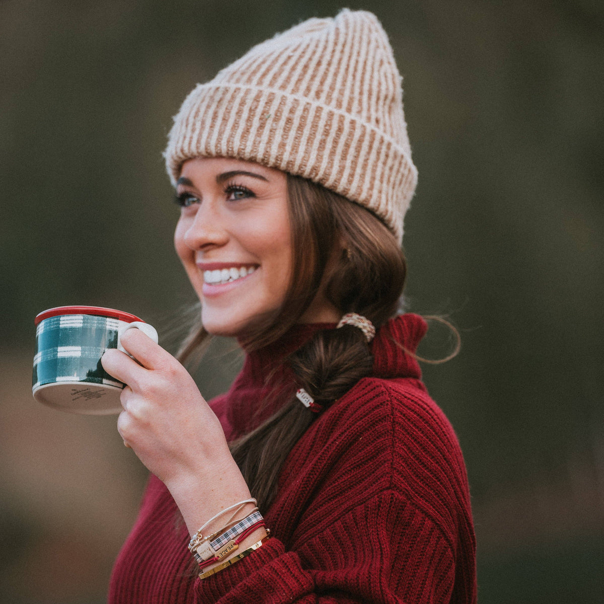 K'lani- "Peace" Holiday Red & Cream Plaid with Gold Accents Hair Tie Bracelets