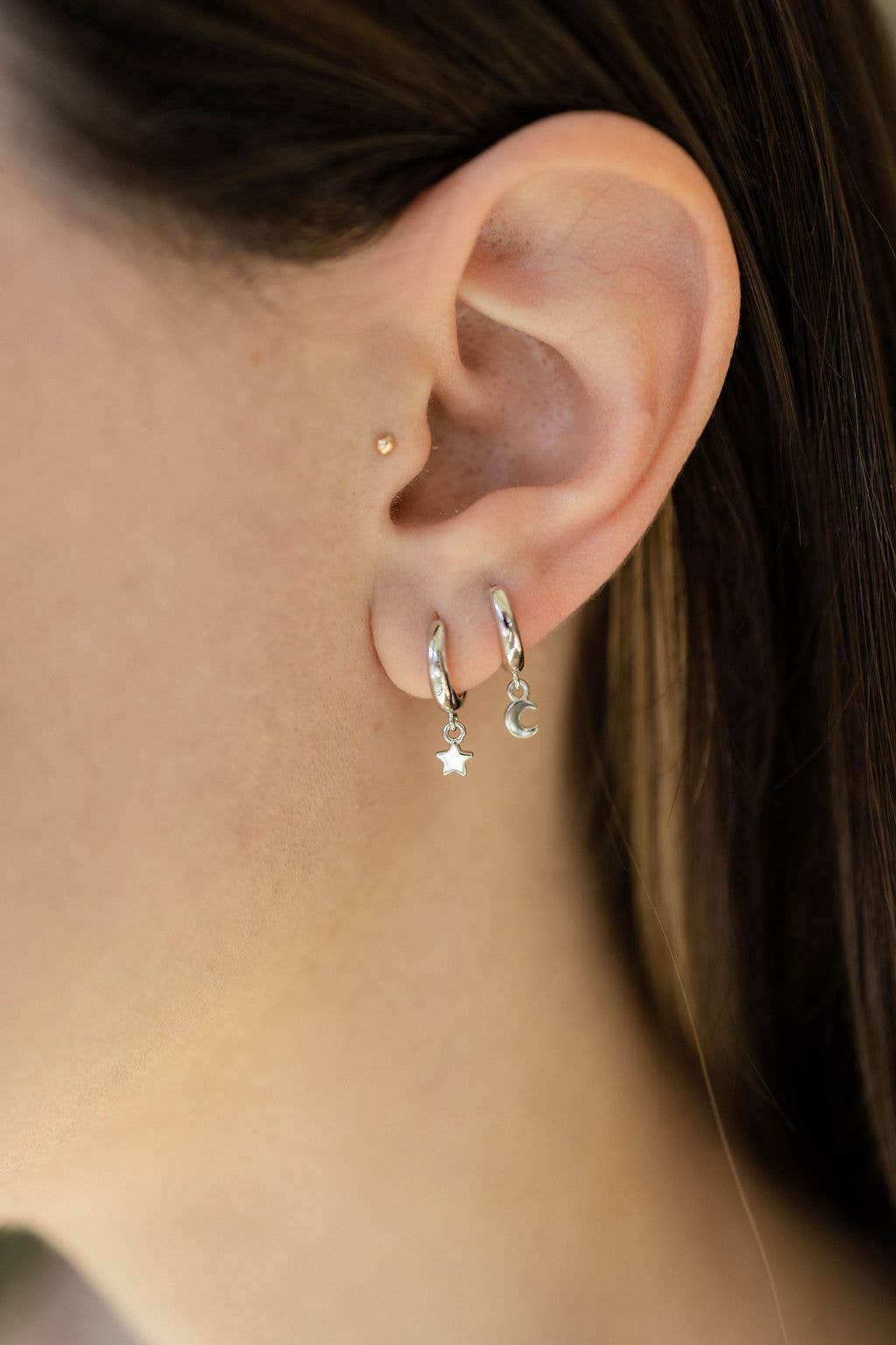 Land of Salt- Star and Moon Huggie Hoop Earrings in Silver