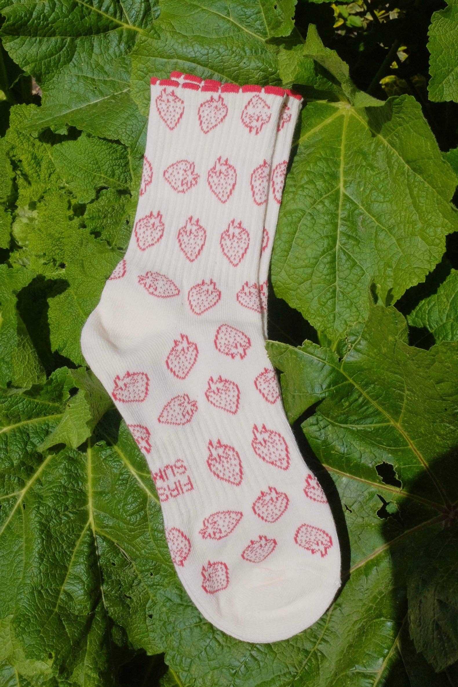 First Summer- Cream Red Strawberry Print Vintage Ruffle Crew Socks