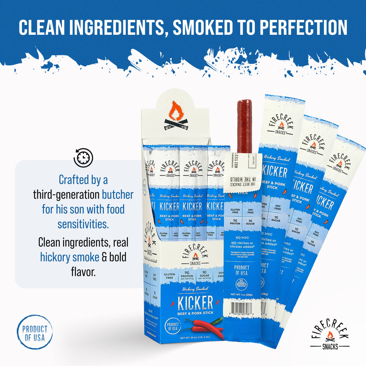 FireCreek Snacks- Kicker Spicy Beef & Pork Meat Sticks - 20ct Beef Jerky Stick