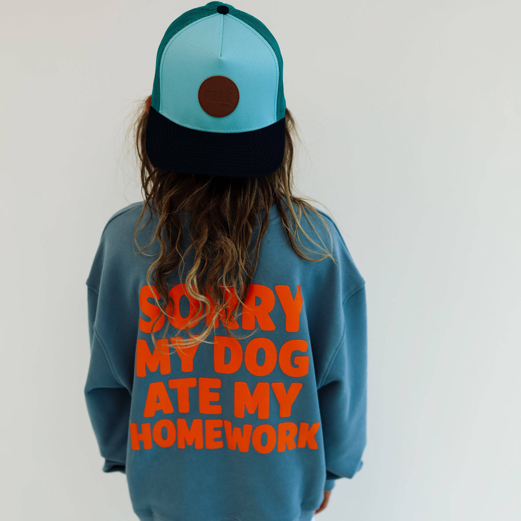 Minimalist Folk Co.- Sorry, My Dog Ate My Homework | DUSTY BLUE | oversized drop shoulder | KIDS