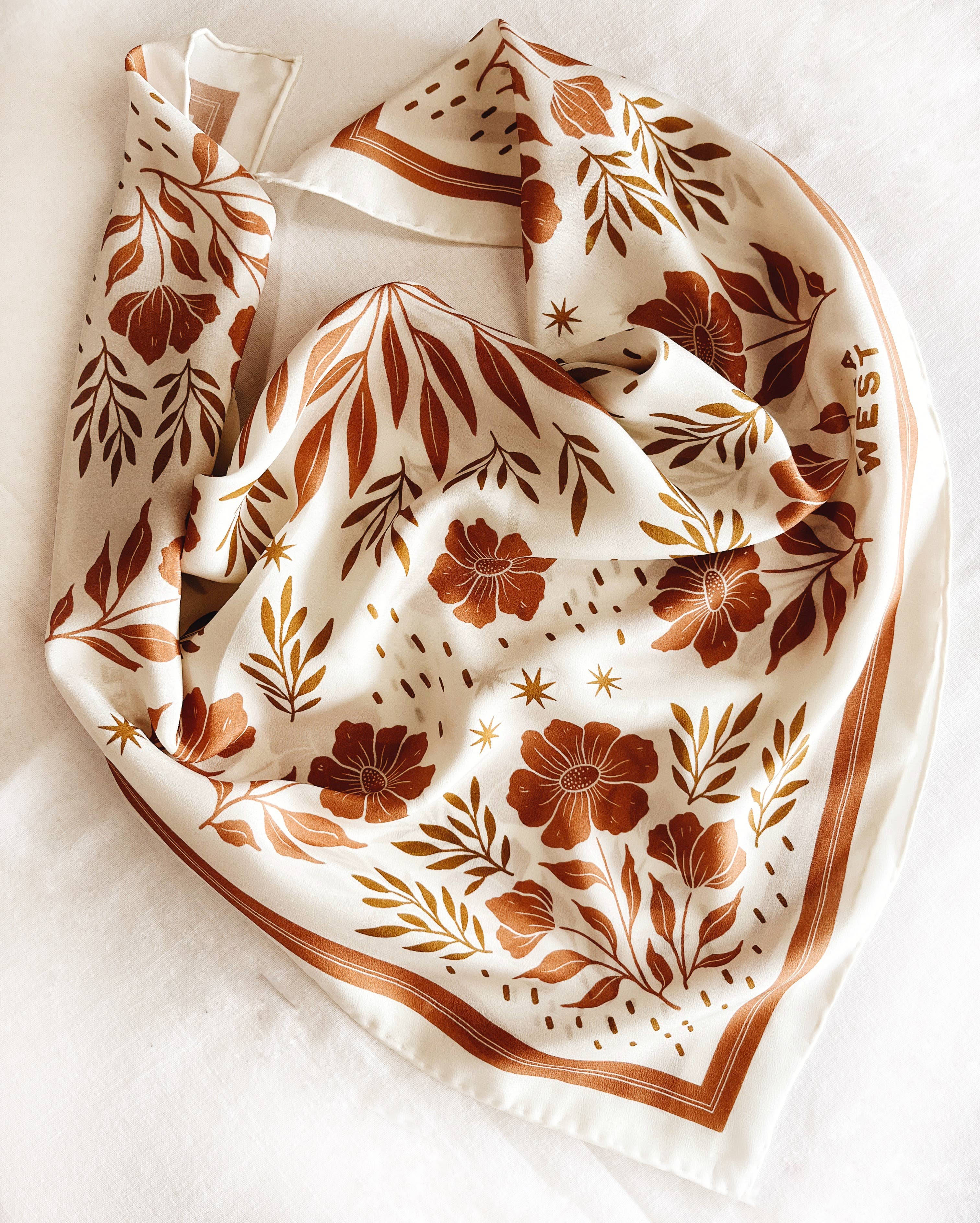 Flora West Design- 100% Silk Bandana Scarf - Desert Floral Western Earth Tones