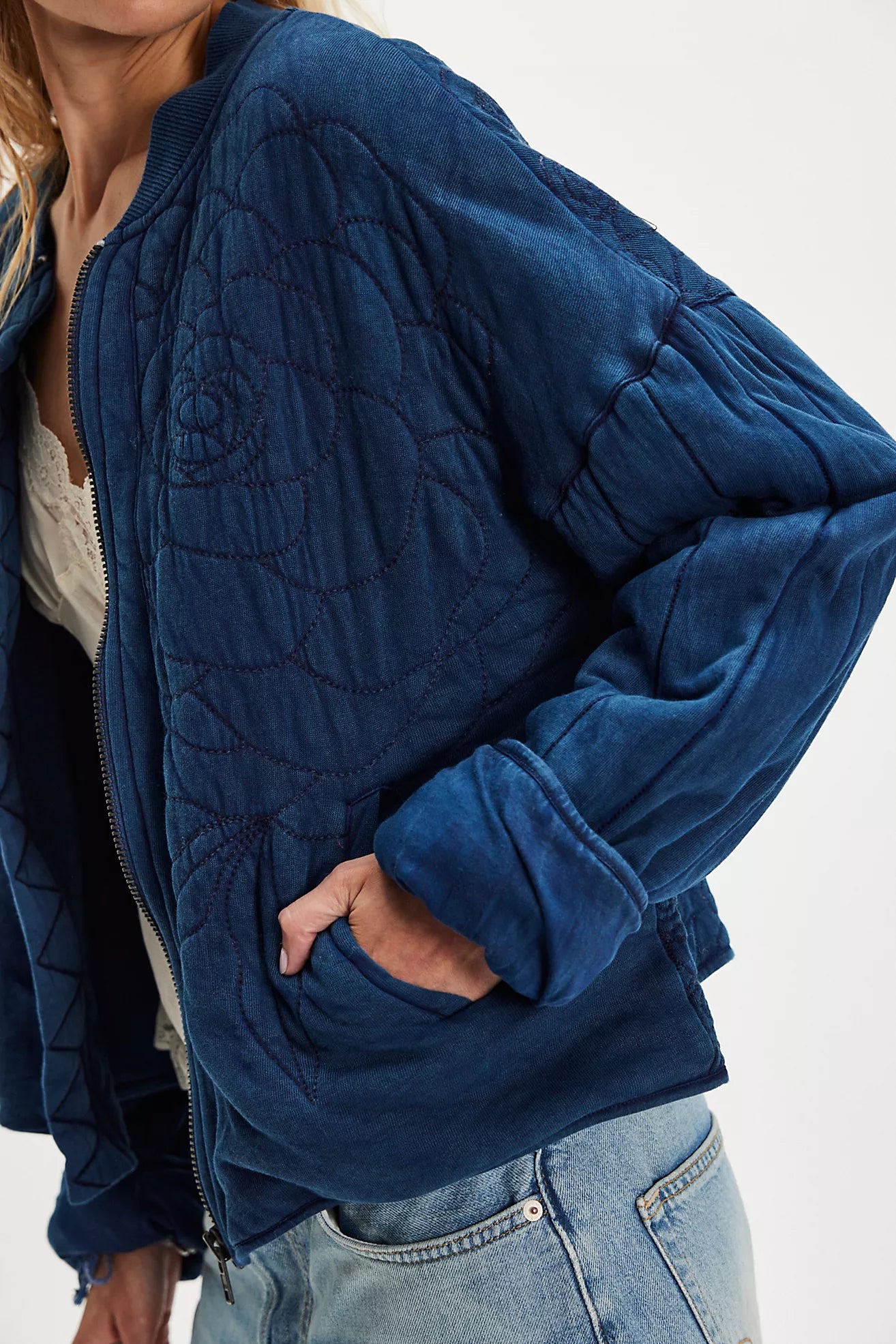 Free People- Rose Zip-Up Sweatshirt Indigo
