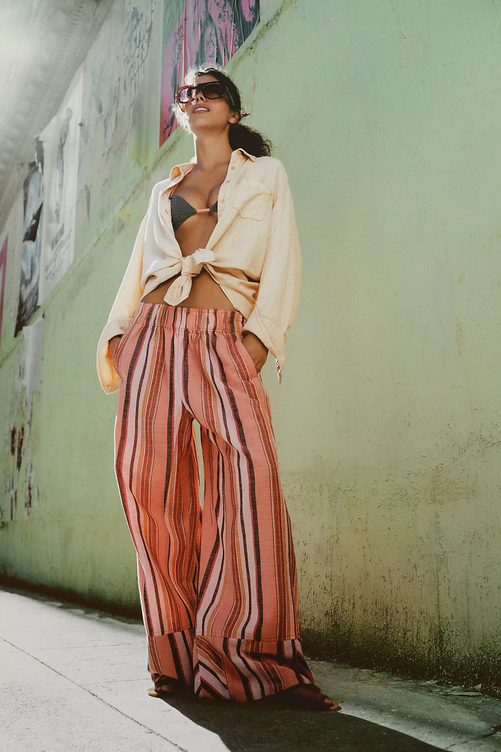 Free People- Day's End Linen Striped Pull-On Pants