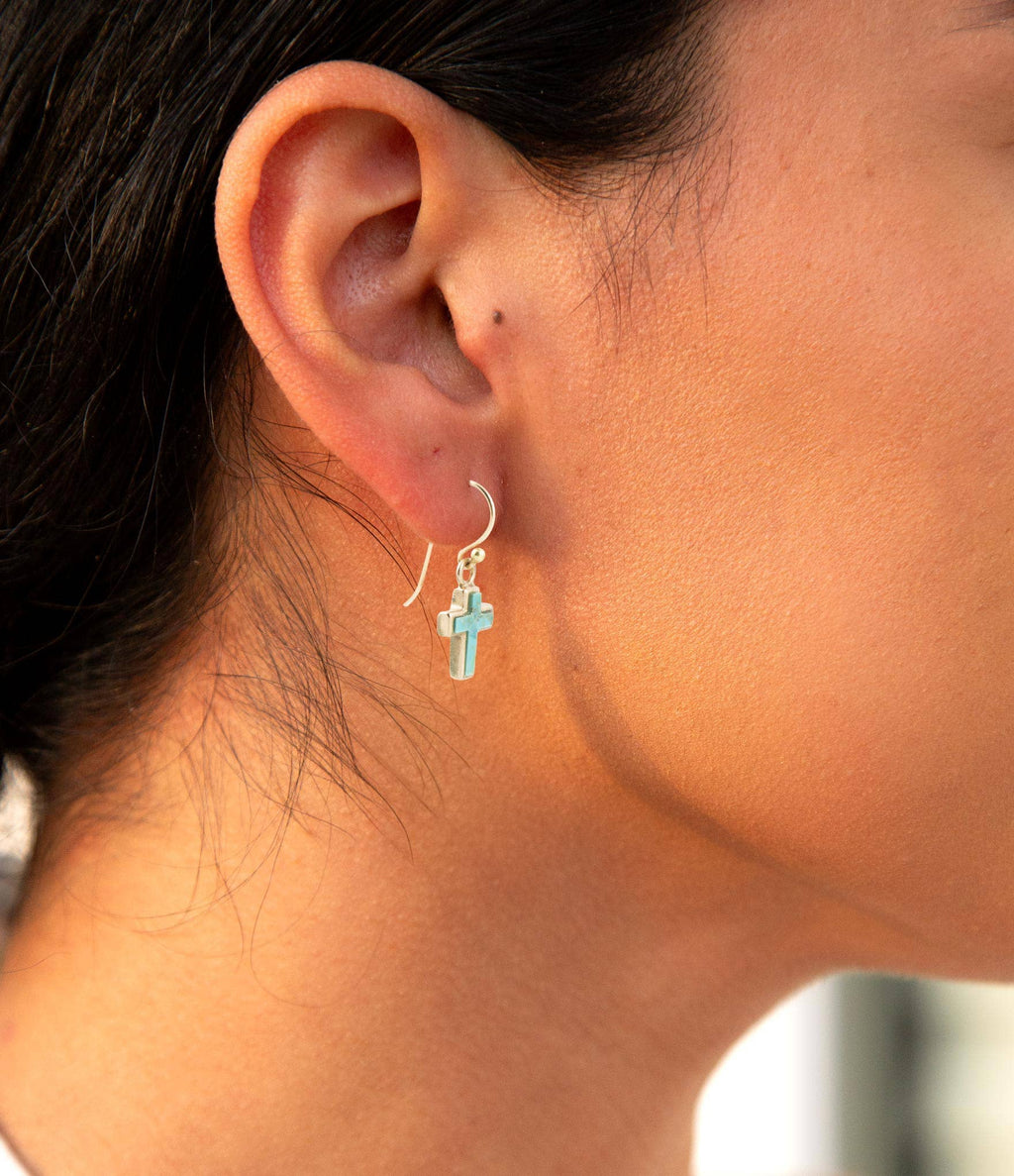 Barse Jewelry- Touch of Blue Turquoise Golden Cross Drop Earrings
