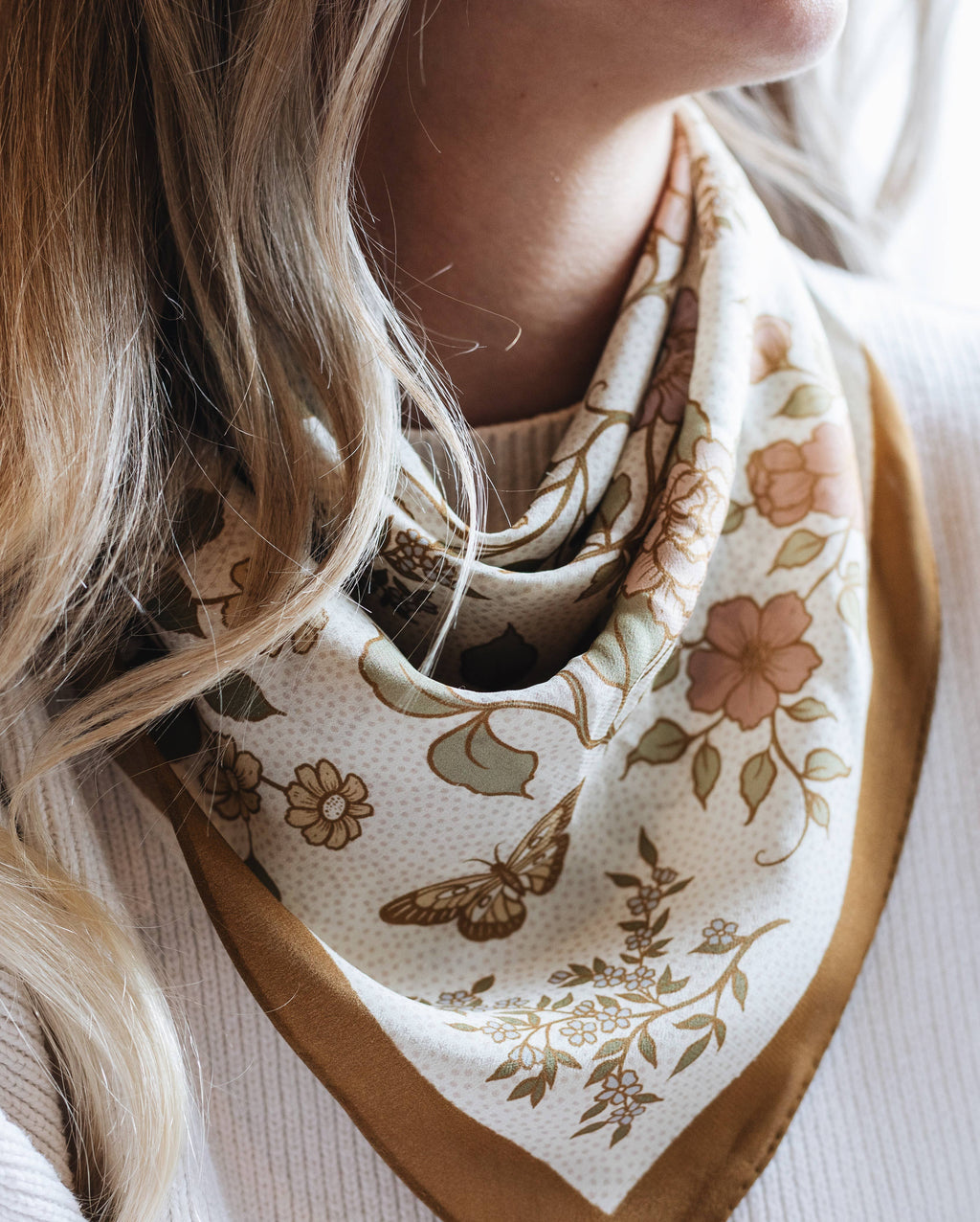Flora West Design- 100% Silk Bandana Western Floral & Butterfly  – 23” Square