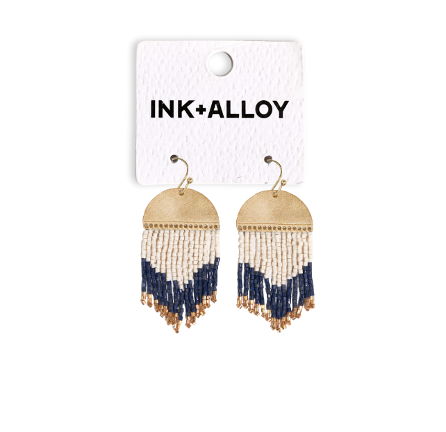 INK + ALLOY- Claudia Curved Pattern Short Beaded Fringe Earrings Navy Wholesale