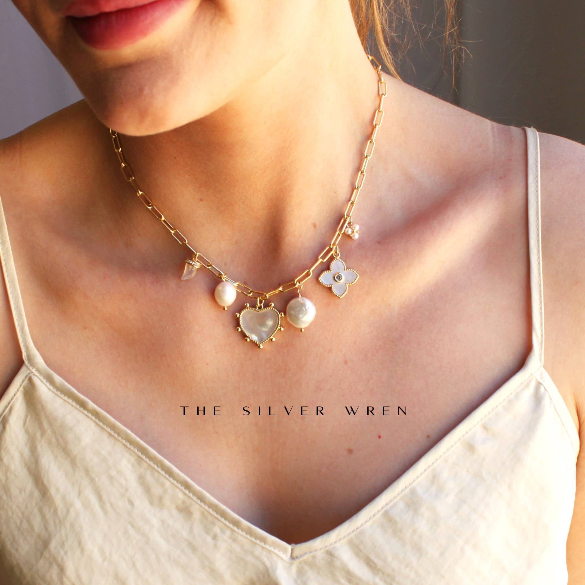 The Silver Wren- Pearl Multi Charm Necklace