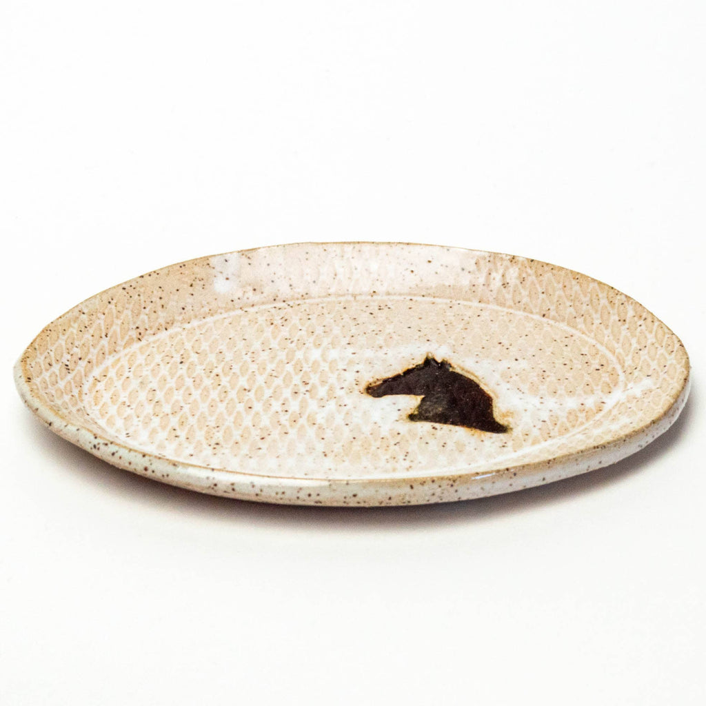 White Squirrel Clayworks- Brown Horse Pattern Handmade Ceramic White Oval Trinket Dish