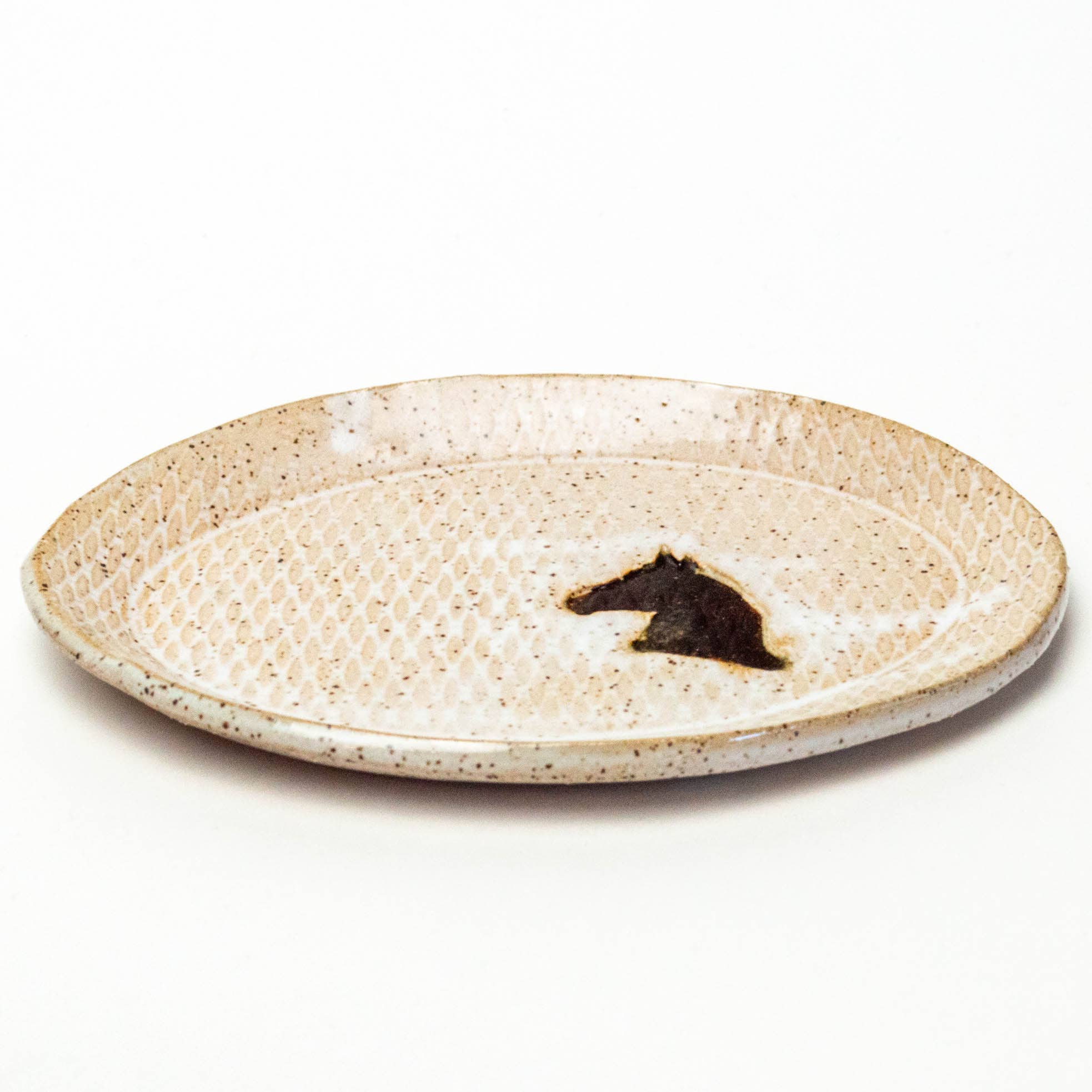 White Squirrel Clayworks- Brown Horse Pattern Handmade Ceramic White Oval Trinket Dish