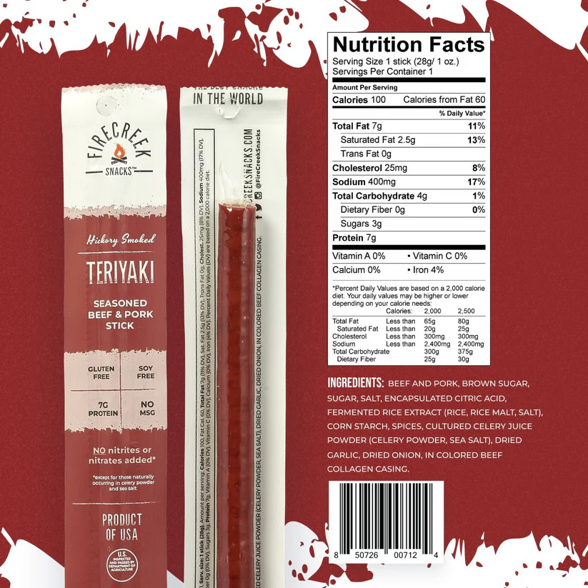 FireCreek Snacks- Teriyaki Beef & Pork Meat Sticks - 20ct Beef Jerky Snacks