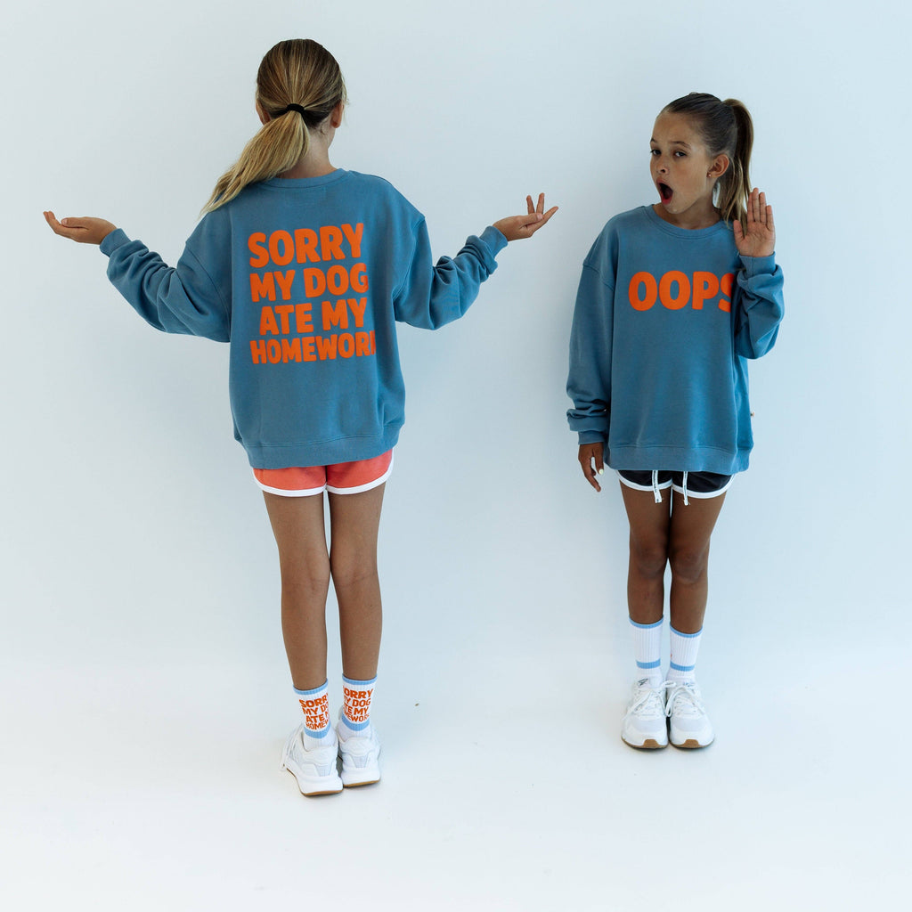 Minimalist Folk Co.- Sorry, My Dog Ate My Homework | DUSTY BLUE | oversized drop shoulder | KIDS