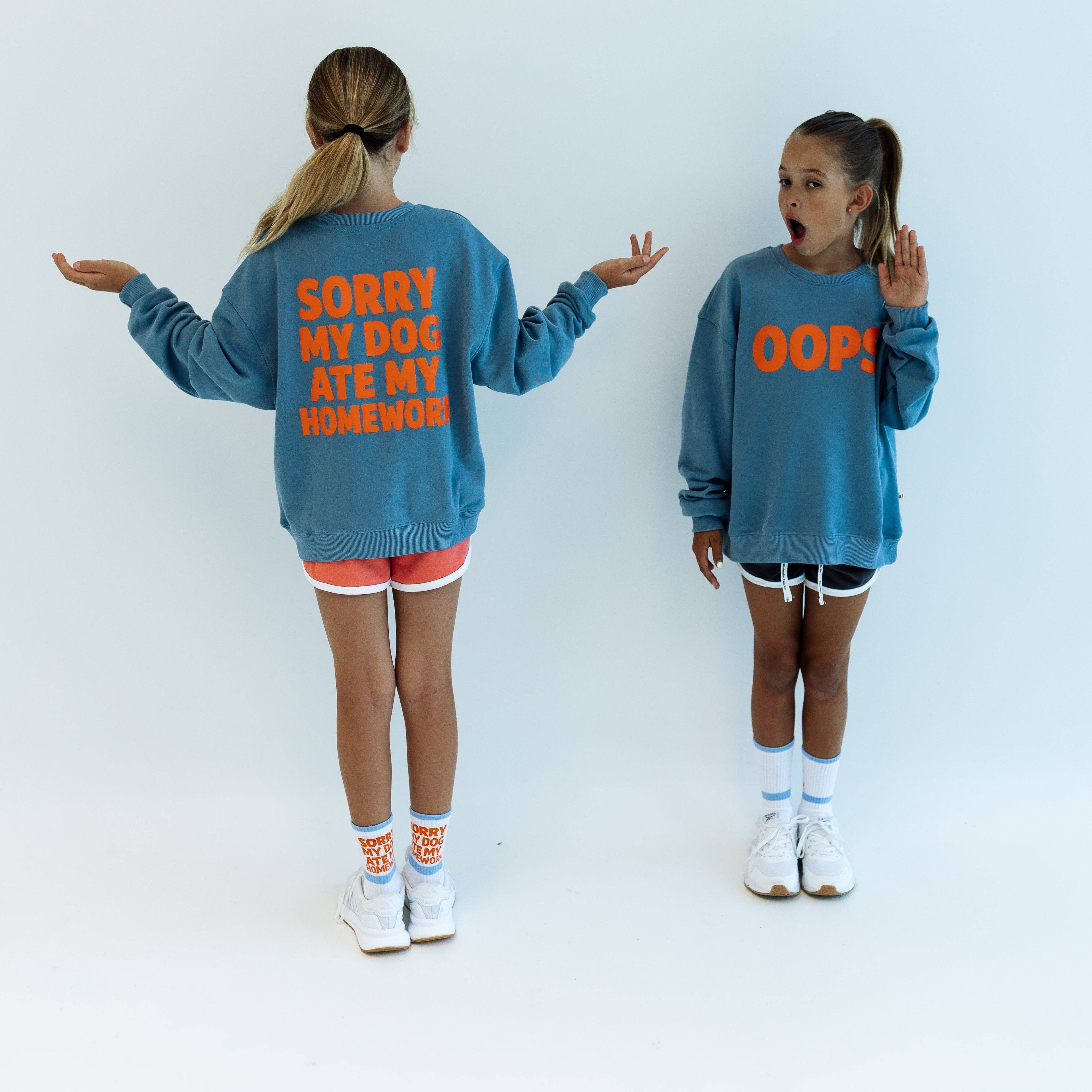 Minimalist Folk Co.- Sorry, My Dog Ate My Homework | DUSTY BLUE | oversized drop shoulder | KIDS