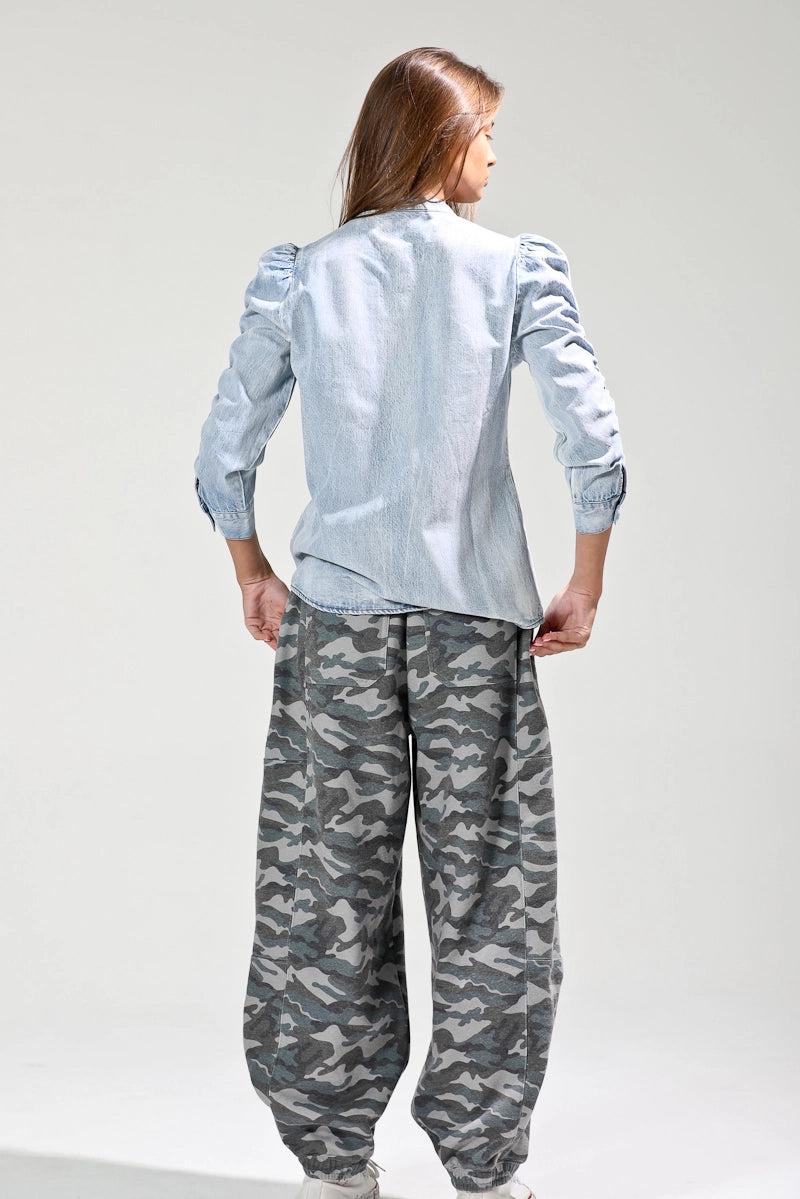 NoaBoa- Shirring Sleeve Washed Button Down Denim Blouse