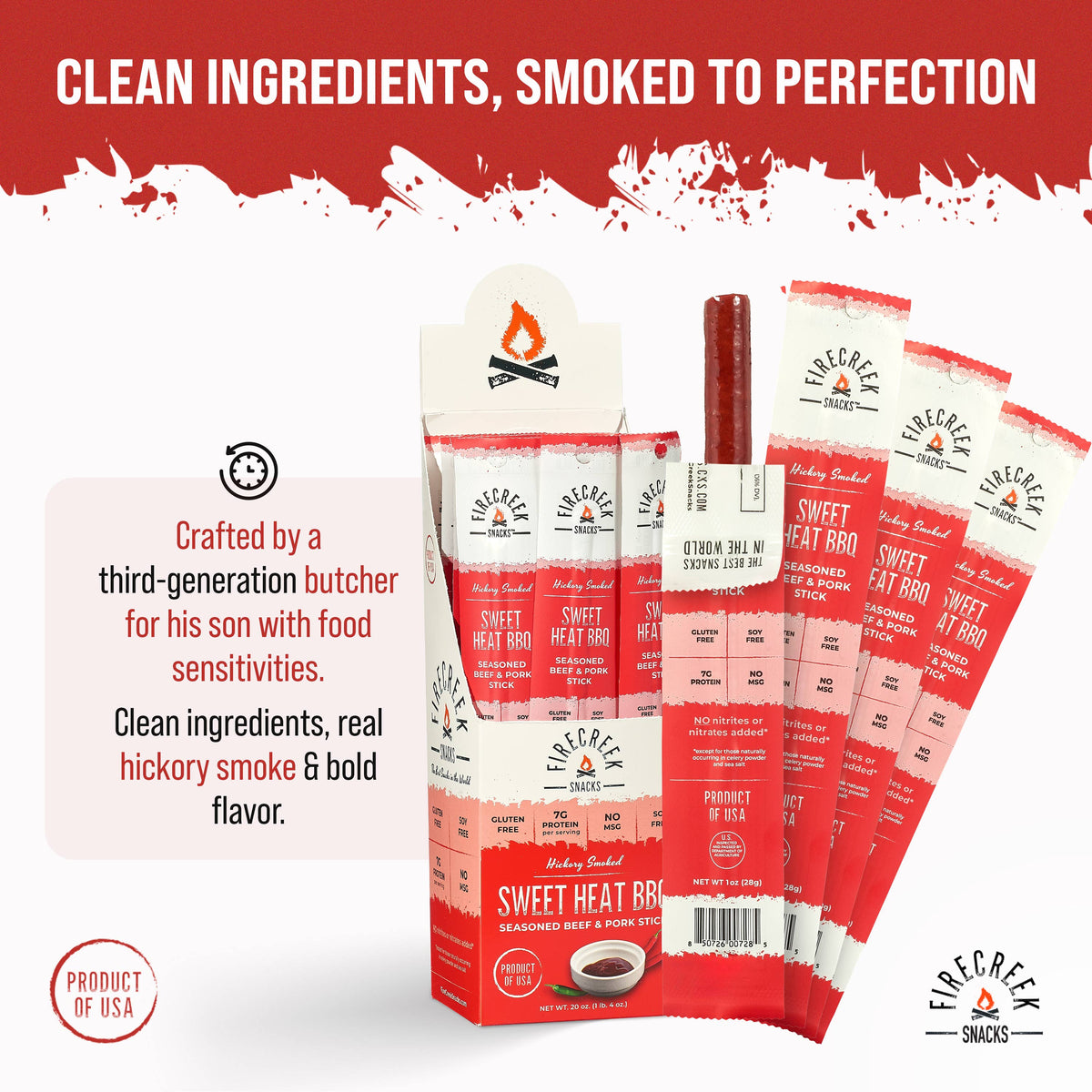 FireCreek Snacks- Sweet Heat BBQ Beef & Pork Meat Sticks - 20ct Protein Snacks