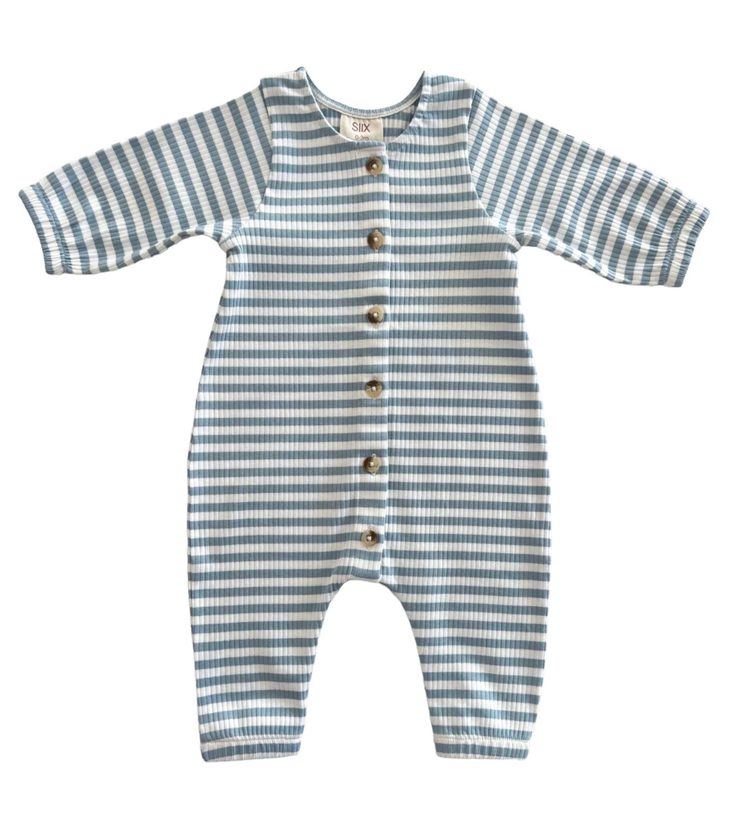 SIIX Collection- Dusty Blue Stripe / Organic Ribbed Long Sleeve Bay Jumpsuit
