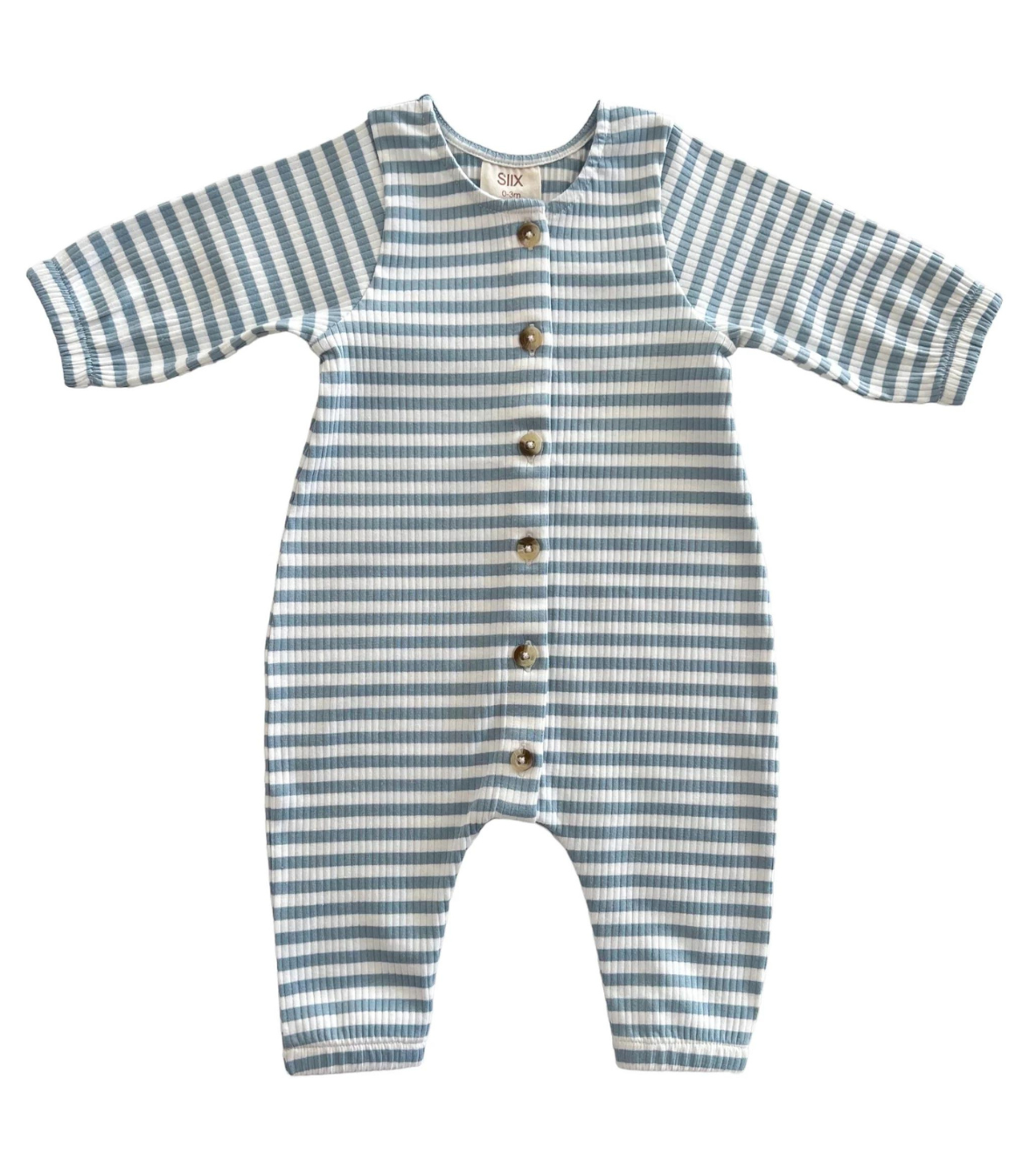 SIIX Collection- Dusty Blue Stripe / Organic Ribbed Long Sleeve Bay Jumpsuit