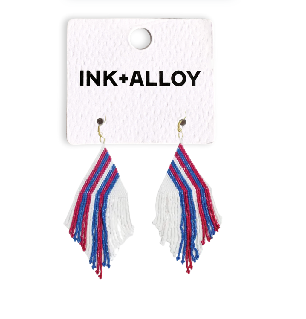INK + ALLOY- Haley Game Day Falling Lines Beaded Fringe Earrings Red White and Blue