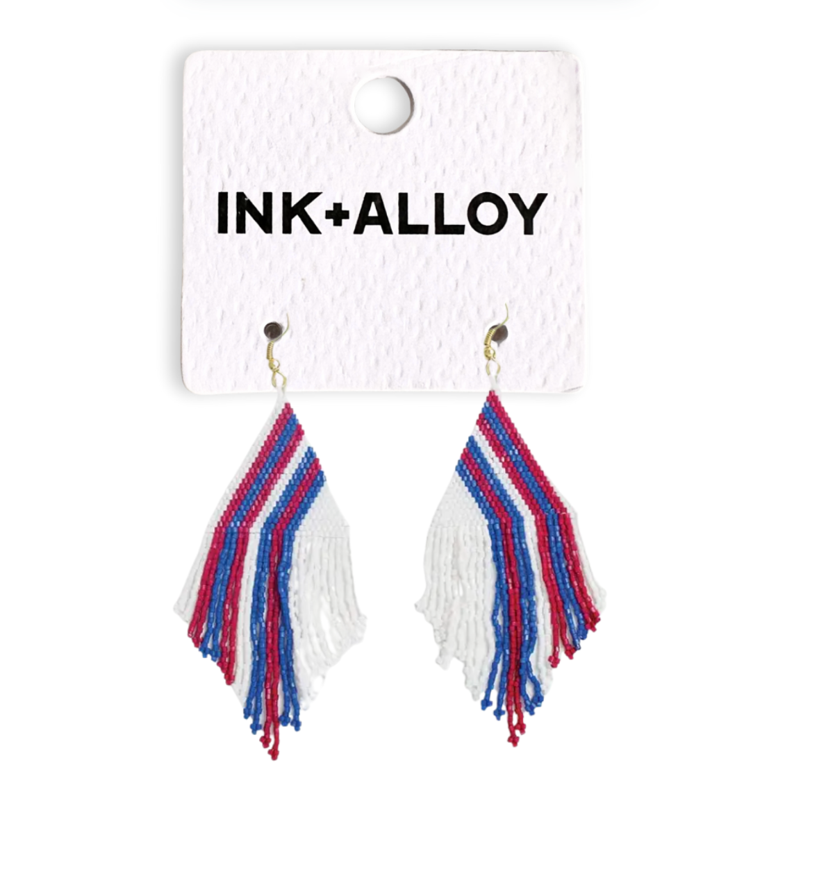 INK + ALLOY- Haley Game Day Falling Lines Beaded Fringe Earrings Red White and Blue