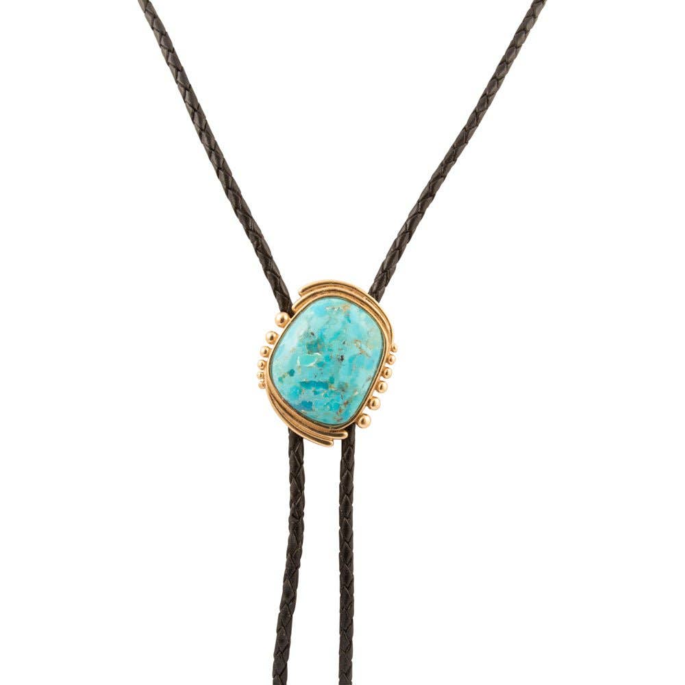Barse Jewelry- Rawlins Blue Turquoise Black Leather Golden Bolo Necklace