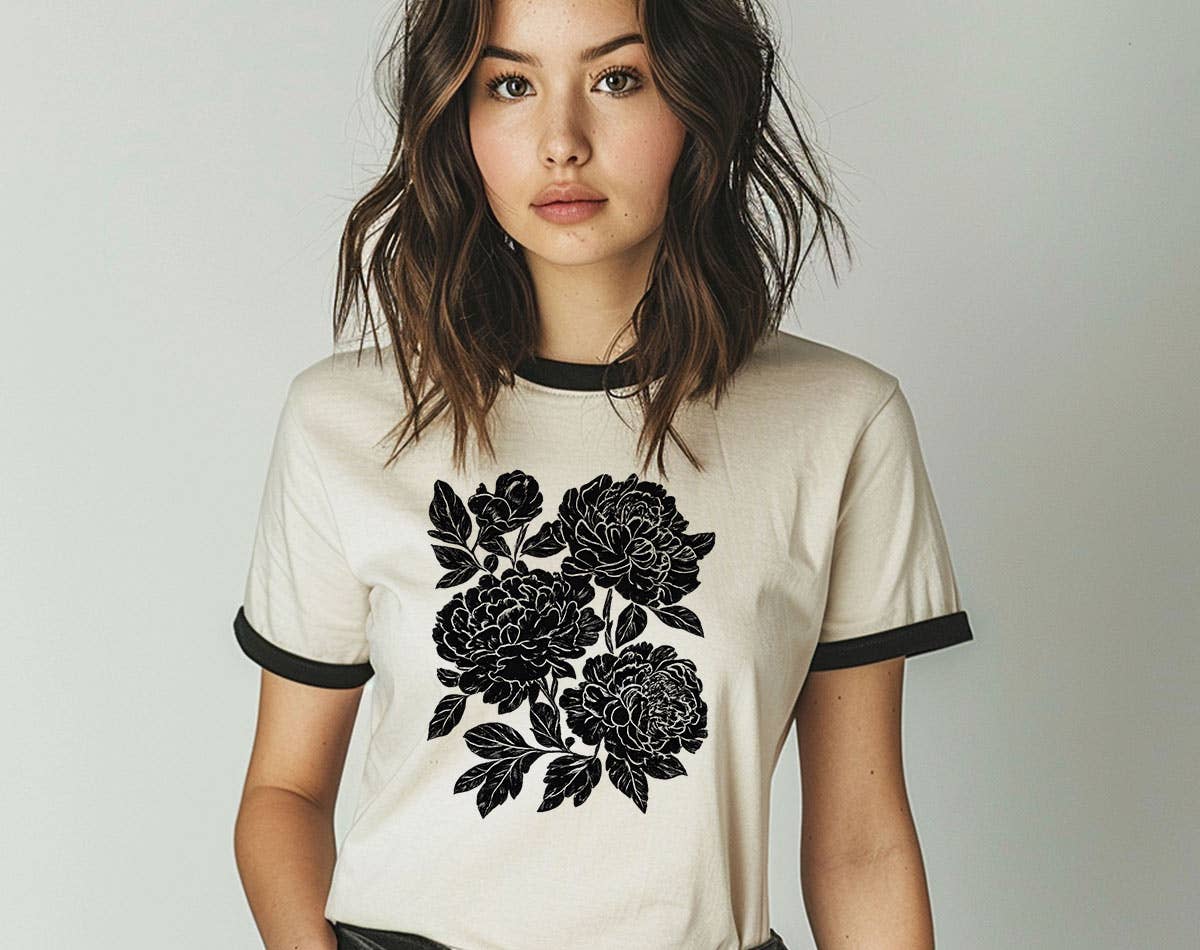 House of Rodan- Retro Black Peonies Floral Boho Ringer Shirt