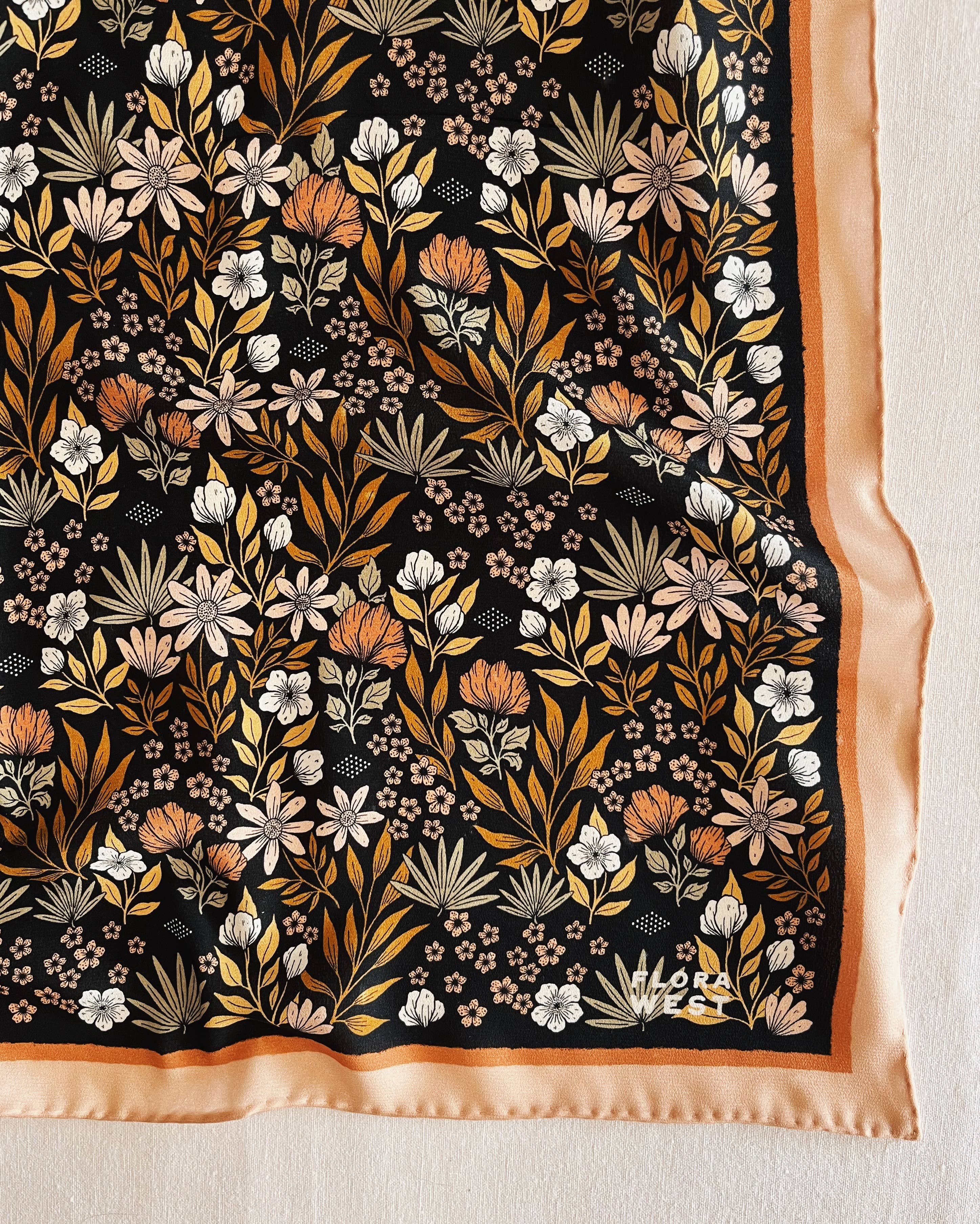 Flora West Design- 100% Silk Bandana Scarf -Midnight Garden Floral Western Wear
