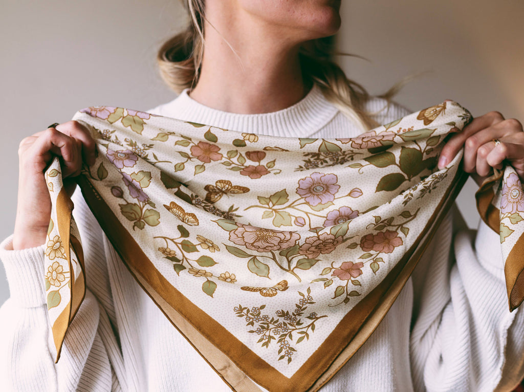 Flora West Design- 100% Silk Bandana Western Floral & Butterfly  – 23” Square
