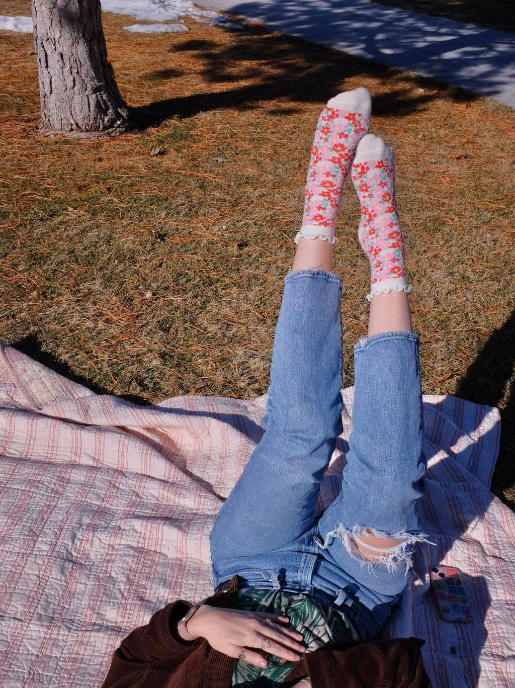 First Summer- Pink Red Floral Whimsical Ruffle Crew Socks