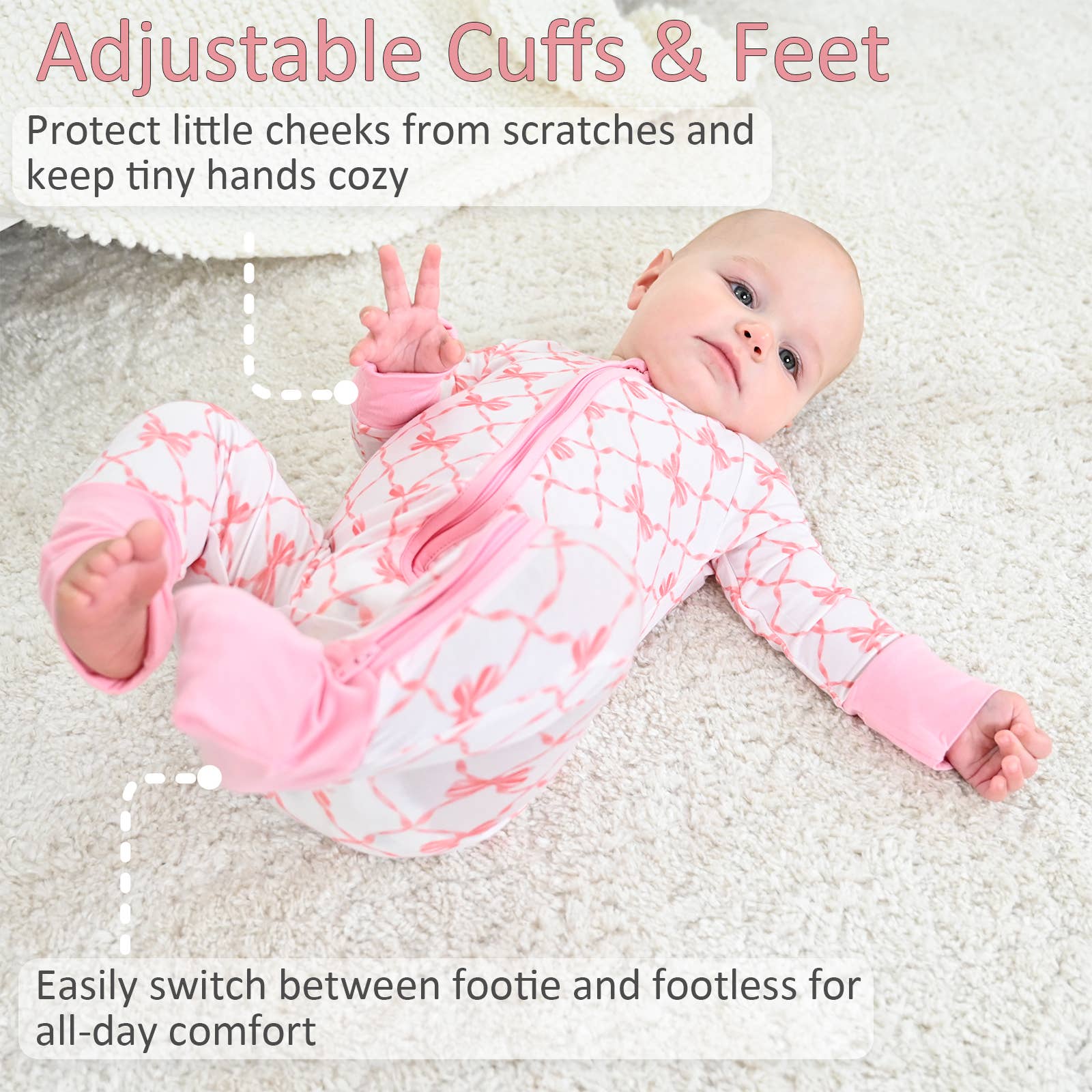 LollyBanks- Beautiful Bows Baby Bamboo Pajamas, 2-Way Zipper Romper