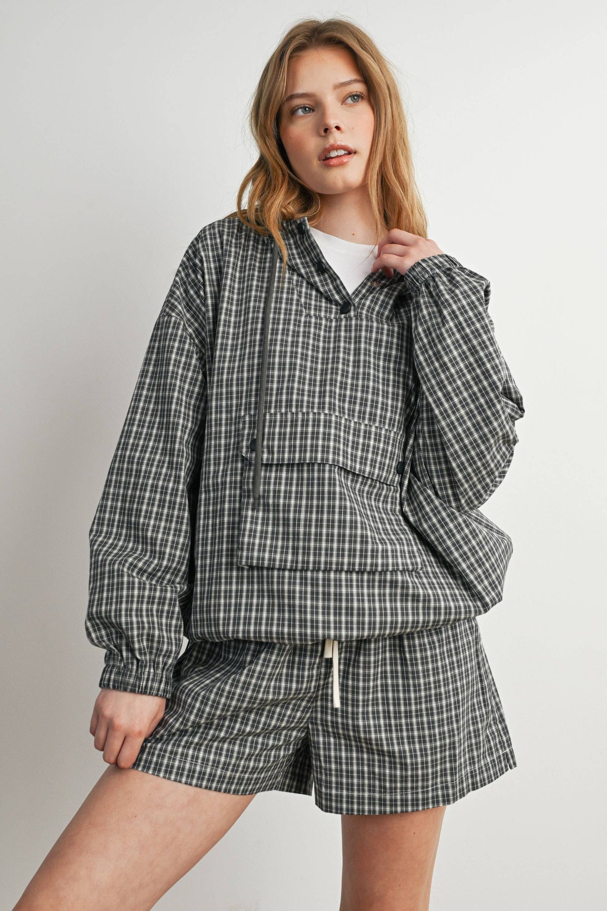 BUTTERMELON- Check Hooded Anorak Top