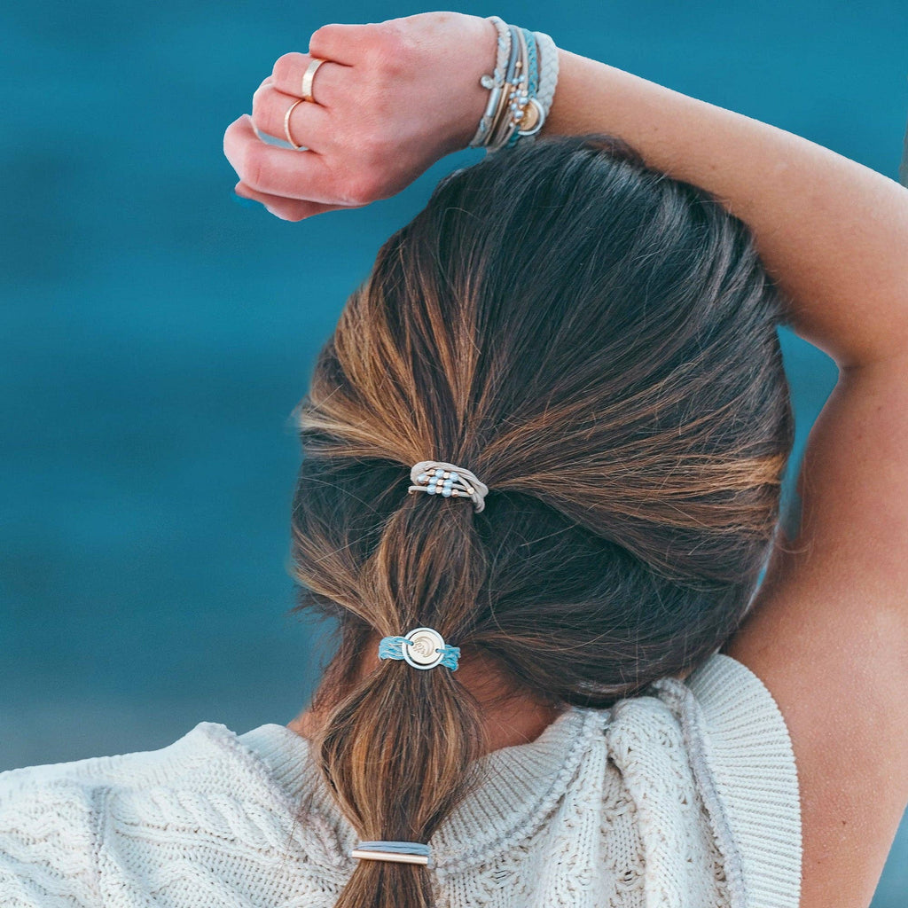 K'lani- "Wonder" Soft Creams and Blues with Pearls and Gold Hair Tie Bracelets