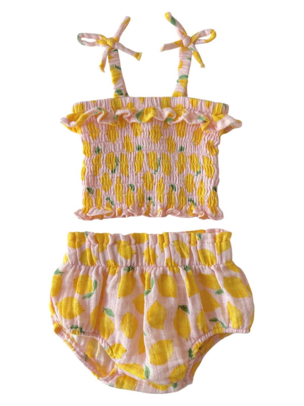 SIIX Collection- Lemon Sorbet / Muslin Smocked Ruffle Top & Bloomer